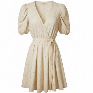 Ivy City Co Cream Puffy Sleeve Mini V-Neck Waist Tie Dress Size Large